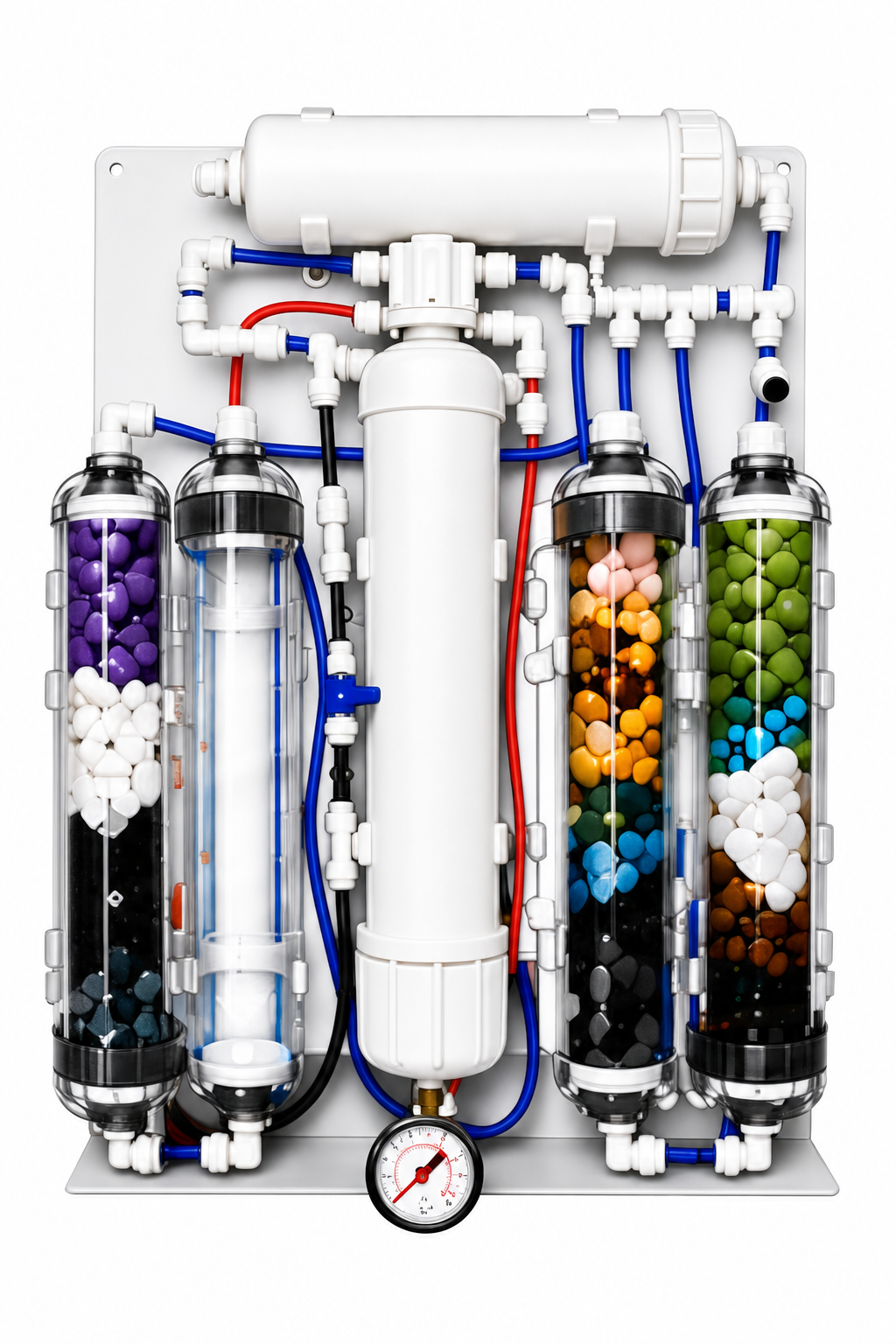 Vortex Crystalline Drinking System (VC-RO) — 11-stage filtration machine showing five filter canisters, RO membrane, and pressure gauge