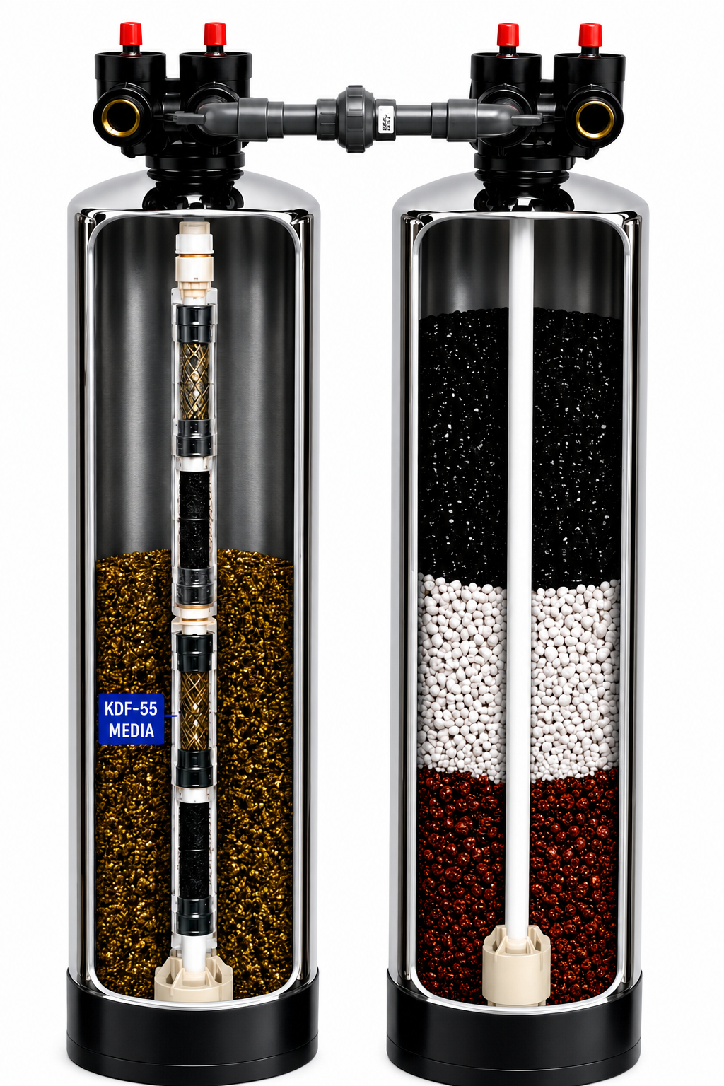 Vortex Dual Tank cutaway — KDF-55 conditioner tank and layered post-tank media